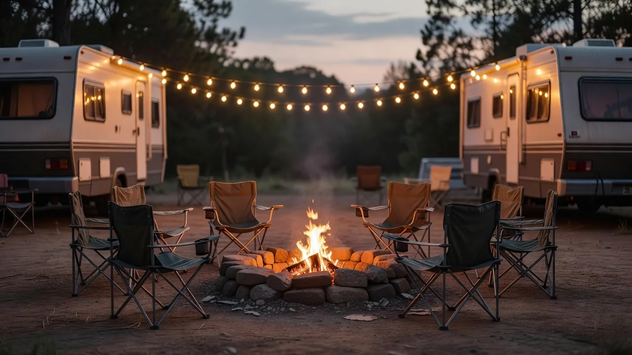 Campground at evening with string lights, RVs and camp chairs around a fire pit, no people visible