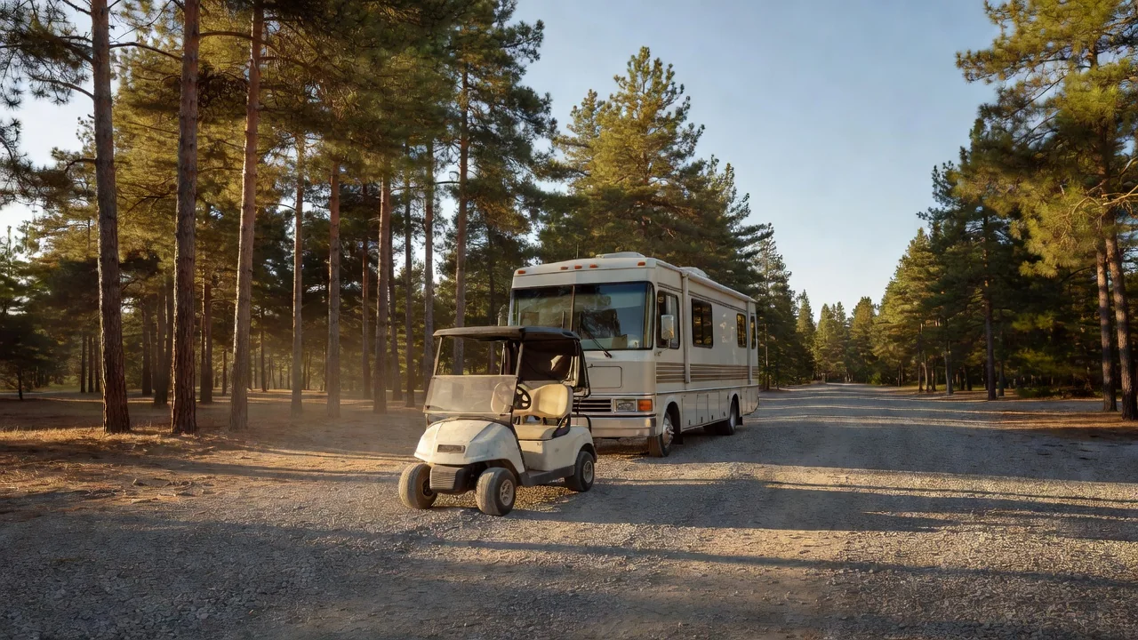 Parked golf cart on a gravel campground lane beside an RV, no people