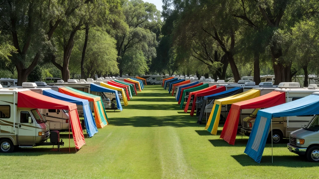 Wide grassy campground rows with multiple RVs parked side by side under trees, no people