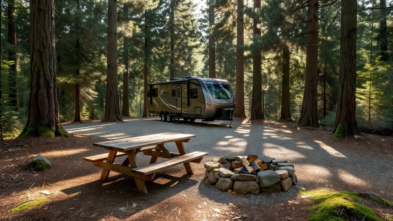 Spacious RV campsite under tall trees with a travel trailer and picnic table, no people