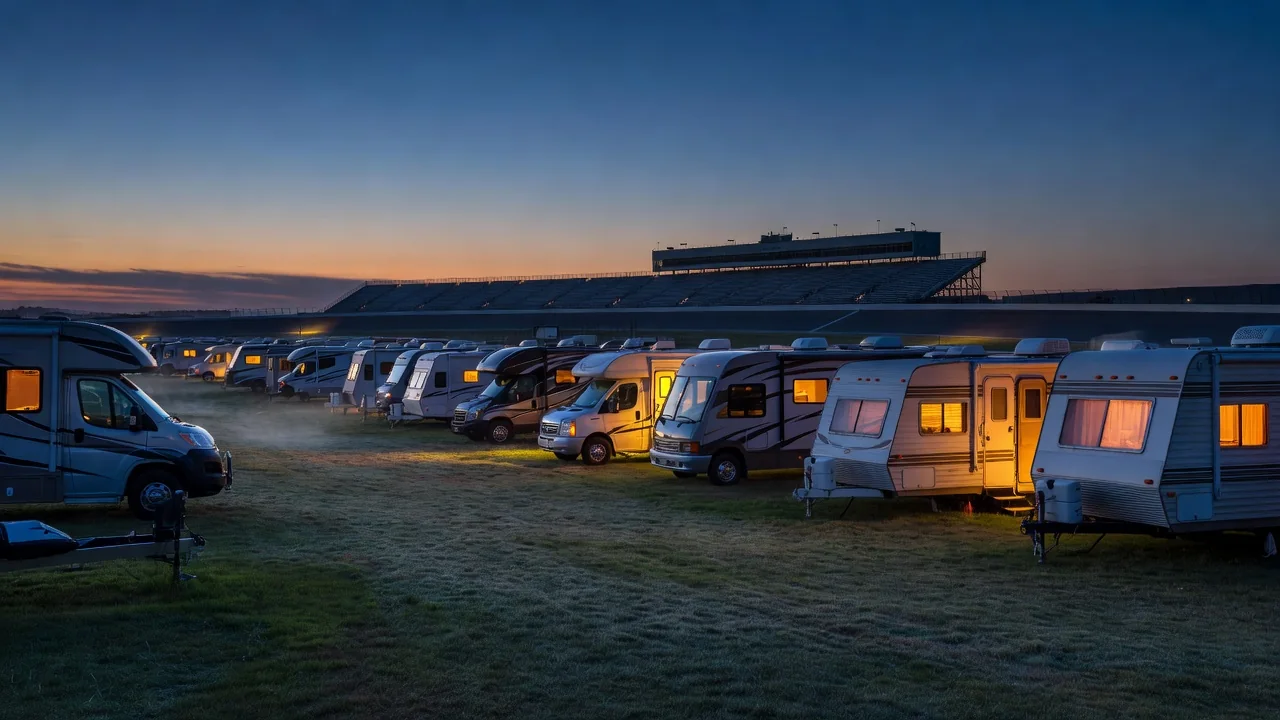 Row of RVs and travel trailers parked on grassy camping sites at dusk near a speedway