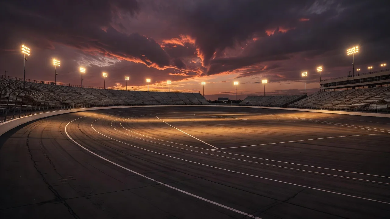 Asphalt oval speedway track with floodlights glowing at dusk, empty grandstands